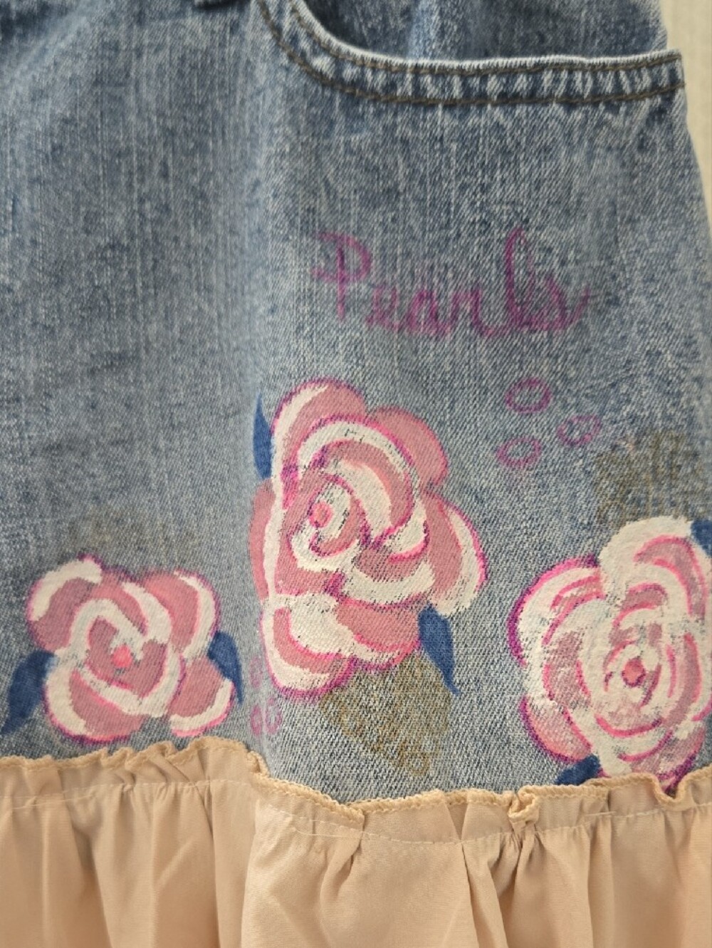 Mudd Denim Upcycle with Pink Floral and Blush Tiered Maxi Skirt - Picture 5 of 9